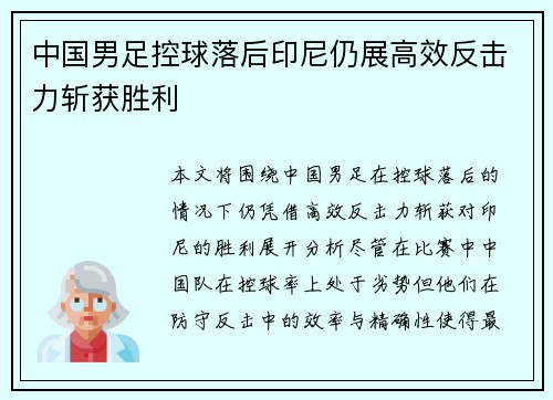 中国男足控球落后印尼仍展高效反击力斩获胜利 中国男足控球落后印尼仍展高效反击力斩获胜利